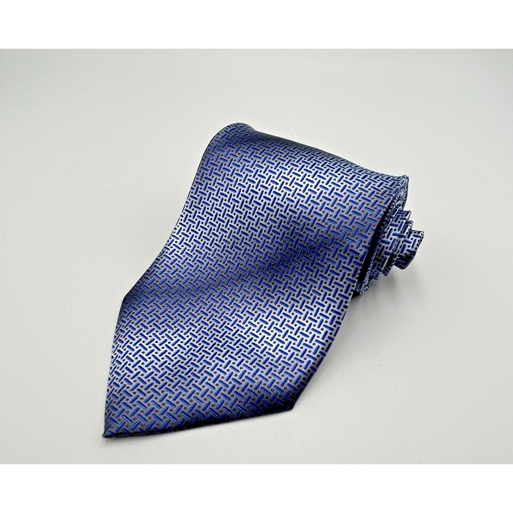 VTG Ogos Silver Tie Made in Italy 100% Silk with Blue & Red Geometrical Patterns